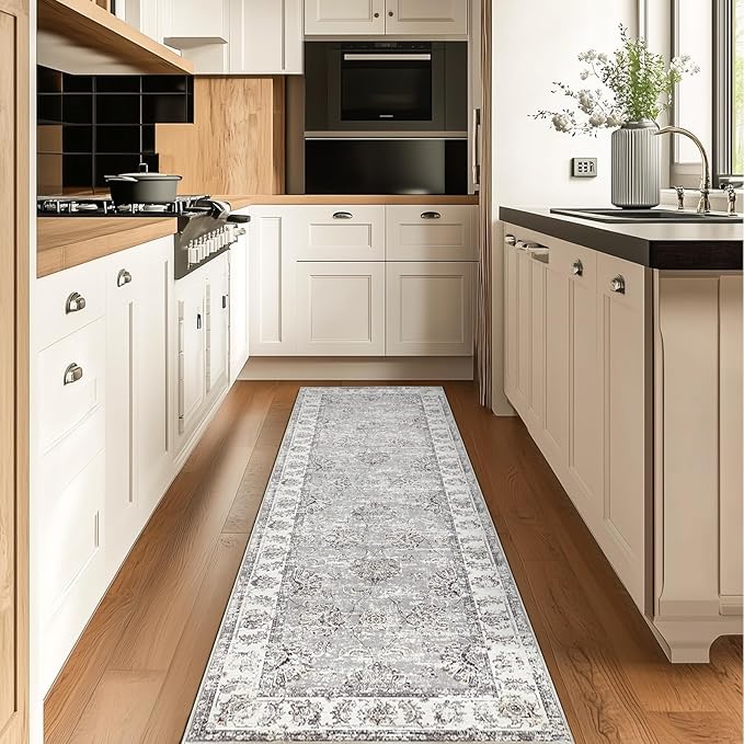 jinchan Hallway Runner Rug 2x10 Machine Washable Runner Rug Grey Vintage Floral Design Non-Slip Ultra-Thin for Kitchen Laundry Room Bedroom Farmhouse (2‘x10',Grey)