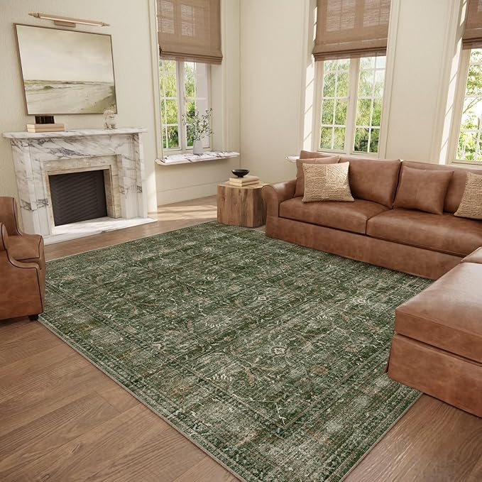 Washable 8x10 Area Rugs for Living Room, Boho Non-Slip Silicone Backing Rugs for Bedroom Dining Room Nursery Office, 0.3" Neutral Oriental Throw Carpet with 0.16" Cushioning Pad, Grass Green/Multi