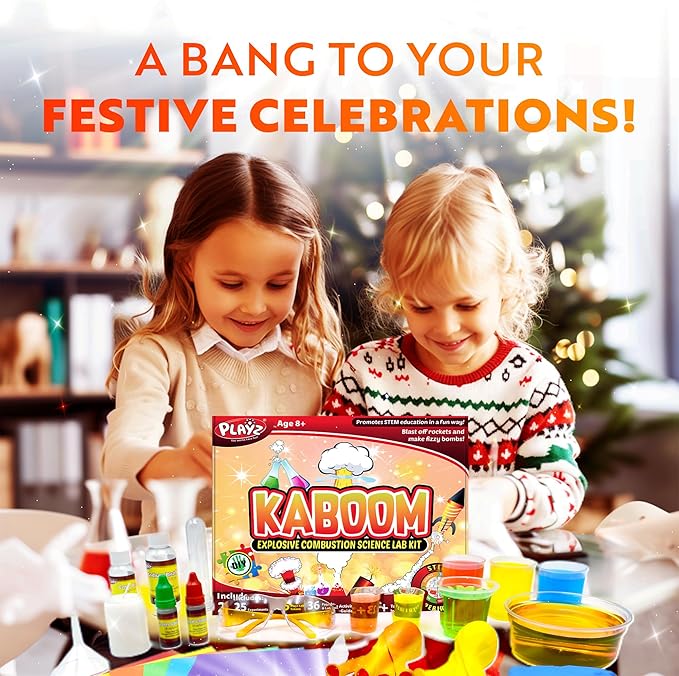 Playz Kaboom! 50+ Explosive Science Experiments Kit for Kids Age 8-12 with 25 Playz Lab Token Experiments - Chemistry Set STEM Learning & Educational Toys & Gifts for Boys, Girls, Teenagers & Kids