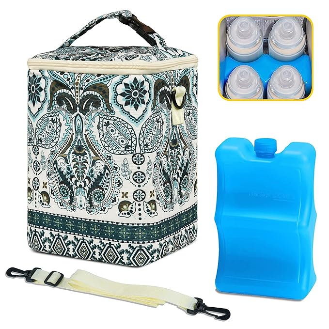 Breastmilk Cooler Bag with Ice Pack Fits 4 Baby Bottles Up to 9 Ounce Insulated Baby Bottle Bag Breast Milk Cooler on The Go with Strap Baby Bottle Cooler Bag for Nursing Mom Daycare or Travel