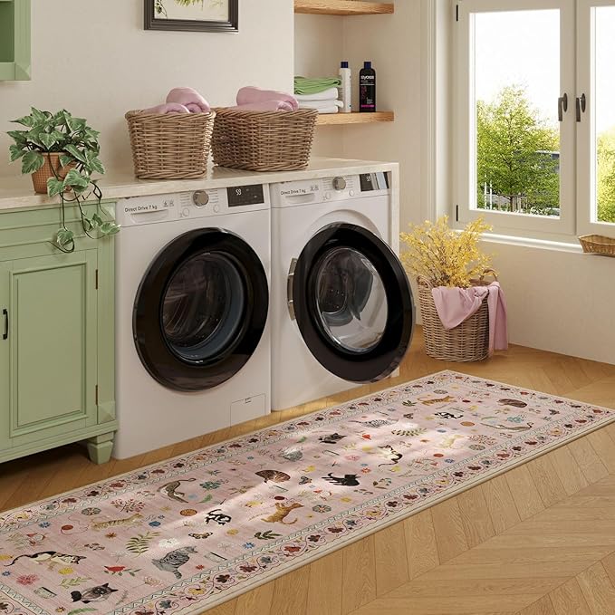 Rugcomf Runners for Kitchen Runner Rug Non Slip 2'x10' Long Washable Rugs with Rubber Backing Soft Floral Animal Cat Carpet Runner for Kitchen Laundry Bedroom Bathroom, Pink