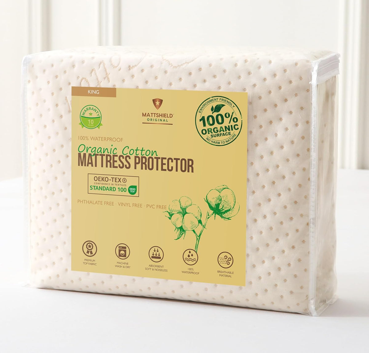 Luxury Waterproof Organic Mattress Protector King - Organic Cotton Breathable Mattress Pad Cover - New 380 GSM Comfort - Deep Pocket - Jersey Cotton Skirt - Fitted Comfort