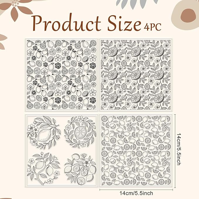 CHGCRAFT 4 Sheets 4 Styles Vintage Lemons Polymer Clay Texture Sheets Lemon Slices Silicone Texture Stamp Flowers Modeling Pattern Pad Texture Sheets for Making Earrings Jewerly, 5.5x5.5 inch