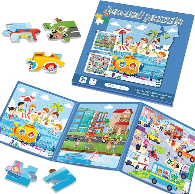 Magnetic Puzzles for Toddlers 3-5, 75-Pieces Travel Toys, Transportation Puzzles Ages 4-6, Educational Learning Magnets, Road Car Trip & Airplane Activities Toys for 3 4 5 6 7 Girls Boys Gift