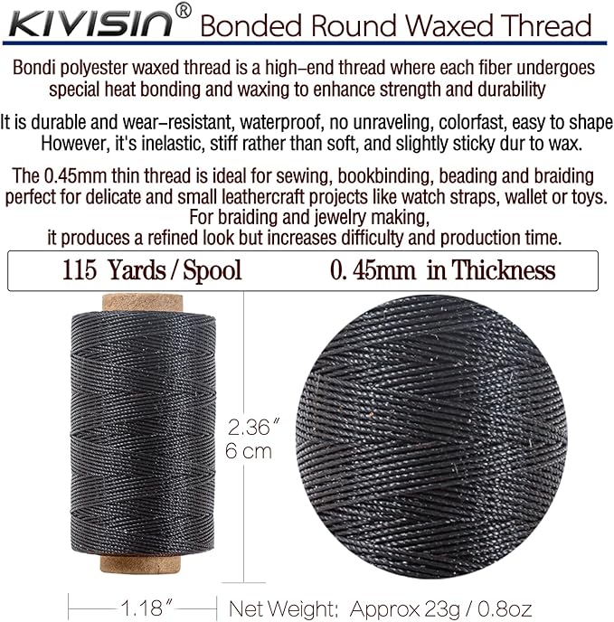 Round Waxed Thread 0.45mm 12 Neutral Colors, Thin Cord Wax Coated 3 Ply Polyester Strings 115 Yards/Spool for Leather Upholstery Sewing, Stitching, Bookbinding, Beading, Macrame Braiding