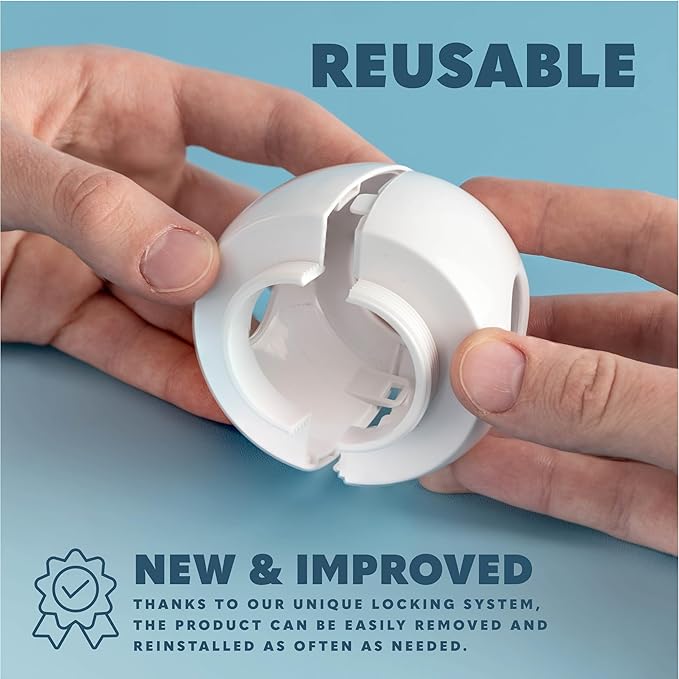 Baby Proofing Door Knob Covers 4 Pack - Easy to Install Child Safety Locks for Doors, Durable & Reusable Child Proof Door Lock, Dual-Lock & Versatile Design, Fits Round Doorknobs, White