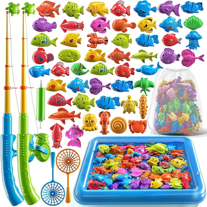 Magnetic Fishing Game Pool Toys Set for Kids 3-5, Water Table Bathtub Toys with Inflatable Pool Pole Rod Net Plastic Floating Fish, Outdoor Toys for Kids Boys Girls Age 3 4 5 6 7 8 Year Old