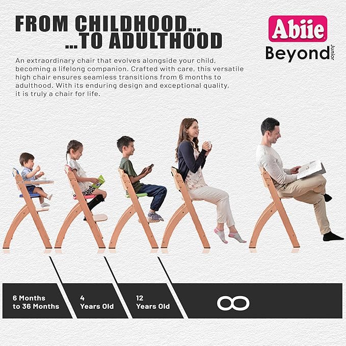 Abiie Beyond Junior Wooden High Chair with Tray - Adjustable and Convertible High Chair for Babies and Toddlers - 6 Months to 250 Lb - Water Resistant - Natural Wood with Dark Grey Cushion