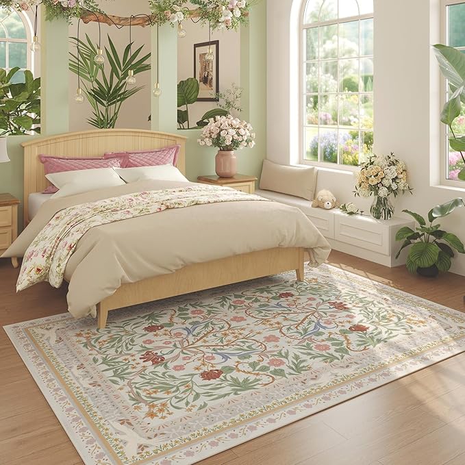 Area Rugs 8x10 for Living Room Clearance Washable Vintage Floral Botanical Rug Non Slip Low Pile Large Rug for Bedroom, Farmhouse, Dining Room, Kids Playroom, Beige