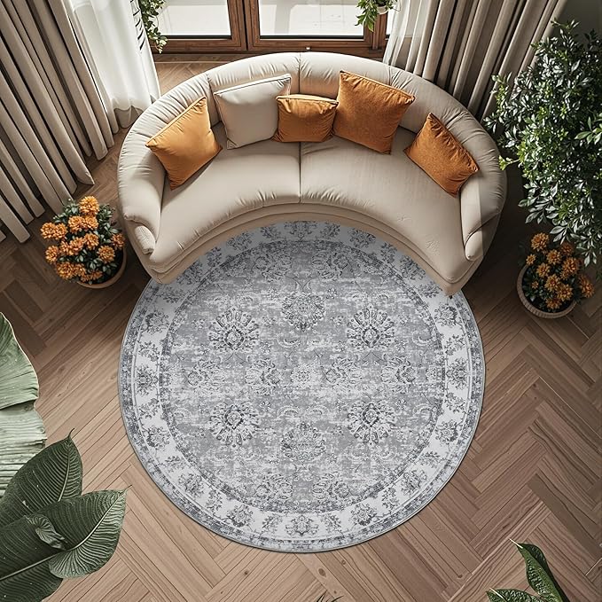 jinchan Round Rug 6ft Area Rug - Grey Vintage Floor Mat Kitchen Indoor Ultra-Thin Soft Floral Print - Washable Circle 6' Retro Accent for Farmhouse Non Slip Dining Room Living Room Bedroom Office