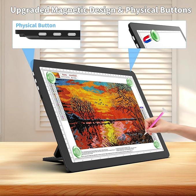 TOHETO Rechargeable A4 Light Board with Stand, Super Bright Magnetic Light Pad with Side Buttons, Wireless Light Box for Tracing and Drawing, Cordless LED Light Table for Diamond Painting, Sketching