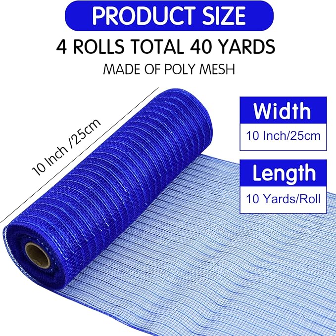 TONIFUL 4 Rolls 10 Inch Blue/Silve/White Decorative Mesh Ribbbon Rolls, for Wreath Supplies Front Door Wreath Craft Tree Decor Christmas NewYears Blue Decoration (30ft/roll, 120ft/Set)