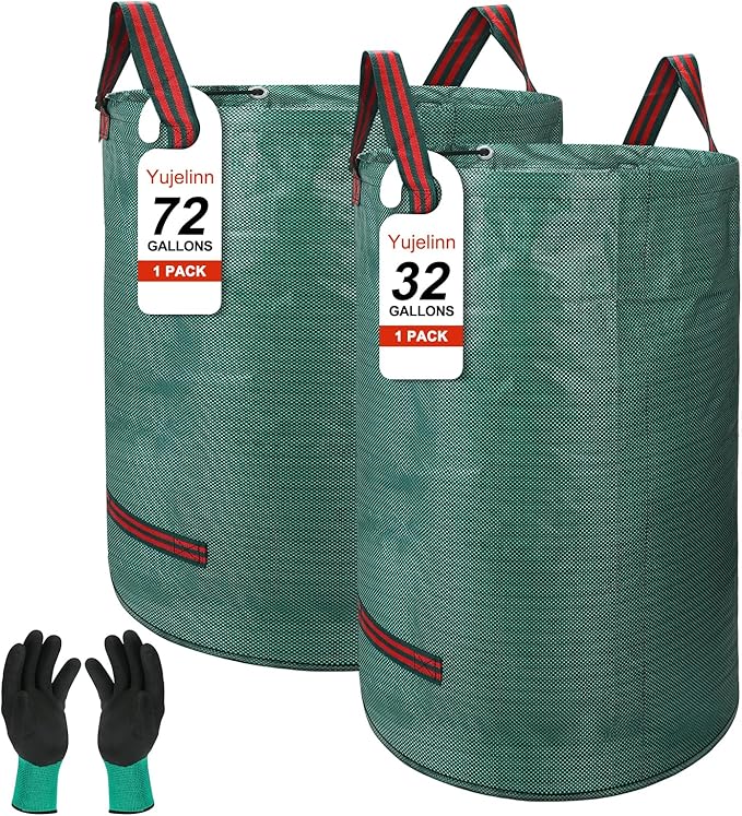 Reusable Yard Waste & Lawn and Leaf Bags with Gloves Pack - 72 & 32 Gallon Heavy Duty Lawn Trash Bags, Multi-Purpose: Garden Debris, Leaf Collection & Tool Storage, Collapsible for Easy Storage