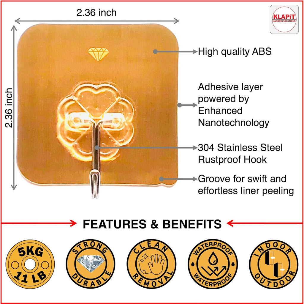 KLAPiT Super Hook - Heavy-Duty Adhesive Gold Wall Hooks, Holds Up to 11 lbs, Waterproof, No Damage, Easy Install on Tile, Wood, Stone, Glass & Metal - Made of Steel (Gold, 4pc)