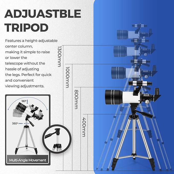 ESAKO Telescope for Kids & Beginners, 70mm Aperture Portable Telescopes with 3 Eyepieces, Height Adjustable Tripod & Phone Adapter & Remote Control