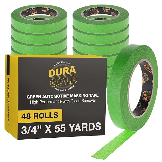 Dura-Gold Green Automotive Masking Tape 3/4 Inch (0.7 Inch x 55 Yards), Case of 48 Rolls - Premium High-Performance, Heat Resistant - Auto Refinish Painting, Car Detailing, Autobody, Painters Tape