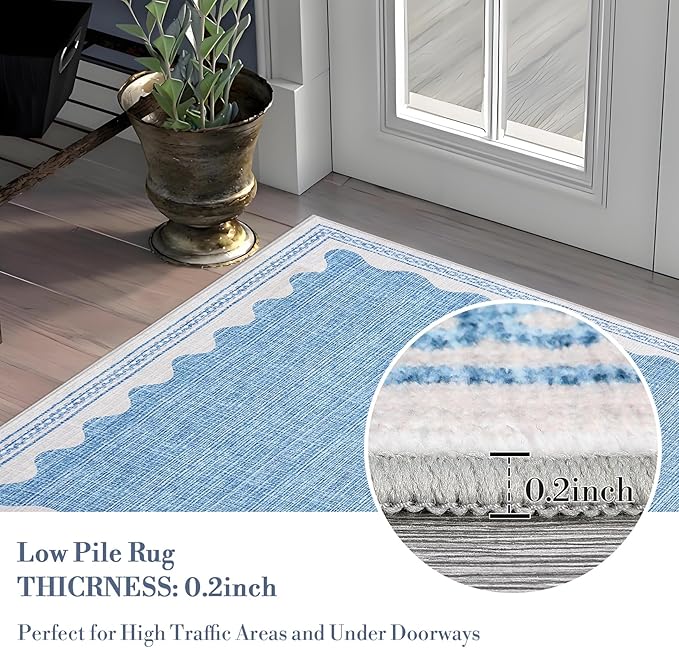 Scalloped Rug 2.5x8 Runners for Hallways, Solid Blue Runner Rugs Non Slip Scalloped Bath Runner, Washable Mat for Bedroom Girls, Rugs for Kitchen Floor Soft Dorm Nursery Carpet for Bedside