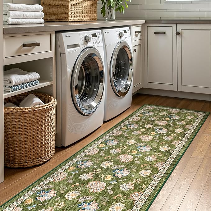 jinchan 3x8 Floral Runner Rug for Hallway Washable Kitchen Runner Vintage Romance Design Non Slip Thin Indoor Floor Cover Low-Profile Throw Carpet for Entryway Bathroom Bedroom Porch, Green