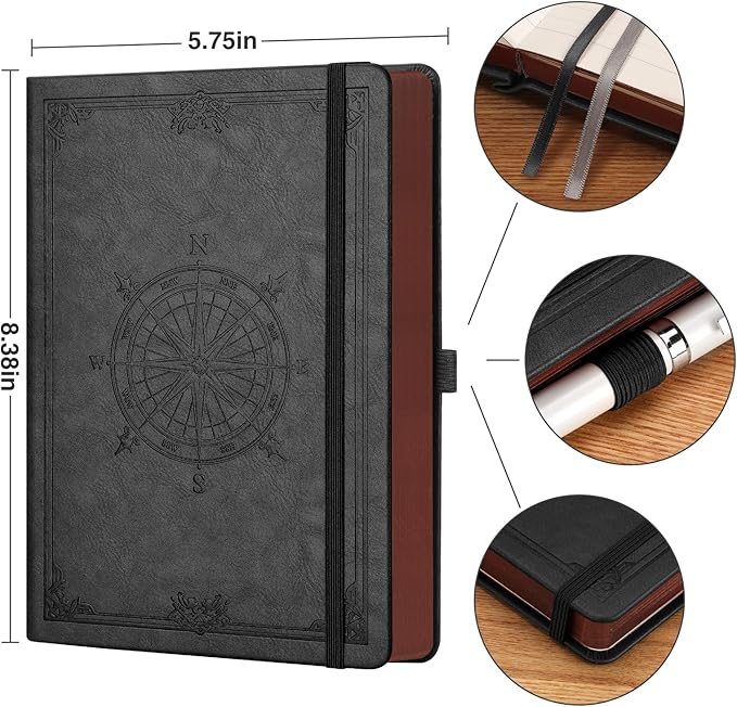 AHGXG Thick Journal Lined Notebook for Men - 320 Numbered Pages A5 College Ruled Notebook for Writing, 100gsm Paper, Vintage Leather Hardcover, for Women Work Office School, 5.75'' X 8.38''- Black