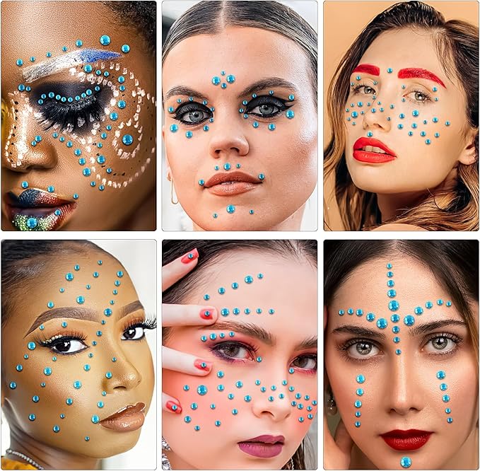 Self Adhesive Face Gems and Pearls for Makeup, Festival Jewels, Hair Gems Pearls, 3/4/5/6/8 mm Round Rhinestone Stickers for Face, Eye, Makeup, Body, Crafts 591Pcs (19_Aqua Blue)