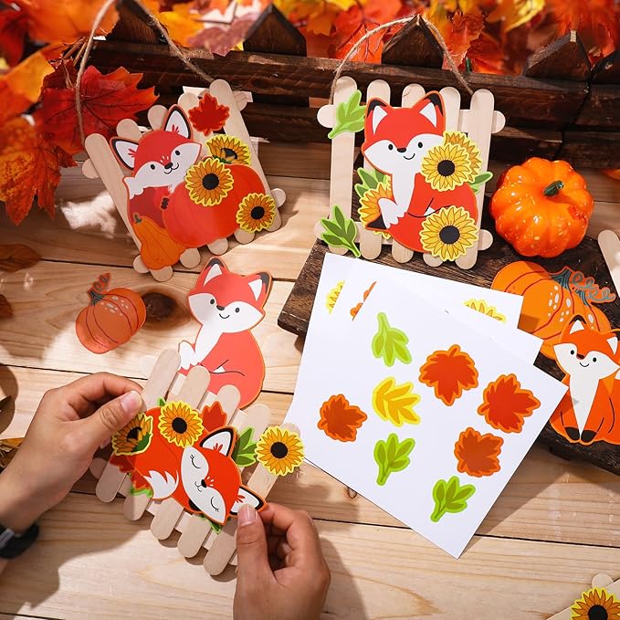 Jetec 24 Sets Fall Sticker Crafts Kits DIY Wooden Fox Fence Autumn Ornament Crafts with Stick Make Your Own Fall Fox Handmade Artwork for Autumn Thanksgiving Party Favors Home Activity Decoration