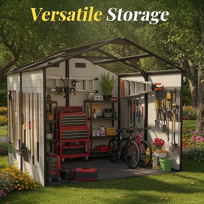 8x8ft Resin Outdoor Storage Shed with Floor and 2 Windows, Plastic Sheds & Outdoor Storage Clearance for Patio Furniture, GardenTools, Bike Accessories and Lawn Mower, Brown+White