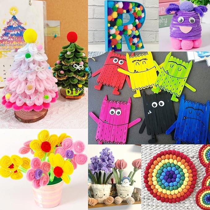 FUNZBO 1200pcs+ Arts & Crafts Supplies for Kids- Craft Kits with Pipe Cleaners, Pom Poms for Crafts, Popsicle Sticks for Craft, Craft for Kids Ages 4-8 Girls & Boys Birathday Gifts