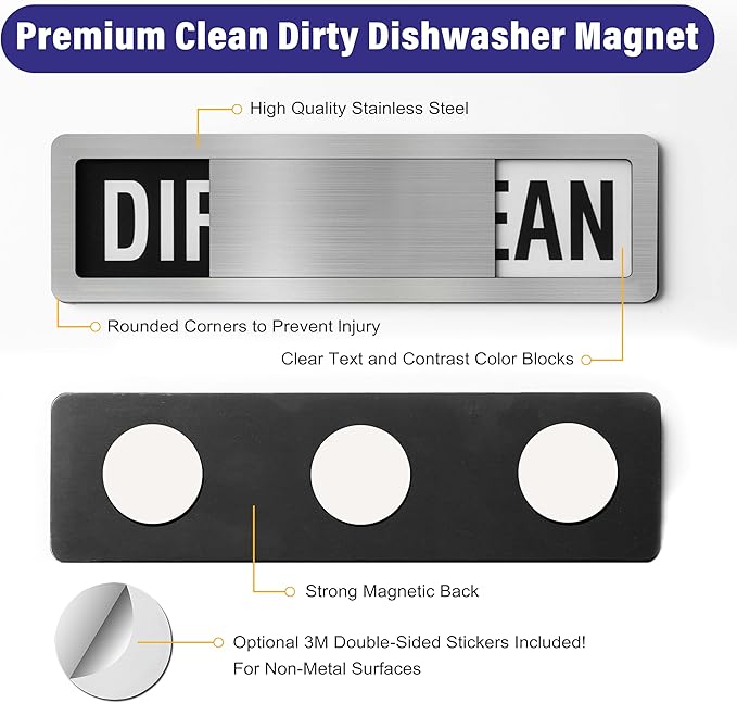 Dishwasher Clean Dirty Sign-Dishwasher Magnet Stainless Steel Clean Dirty Sign for Kitchen Organization Farmhouse Dishwasher Slide Indicator, Optional Adhesive Stickers