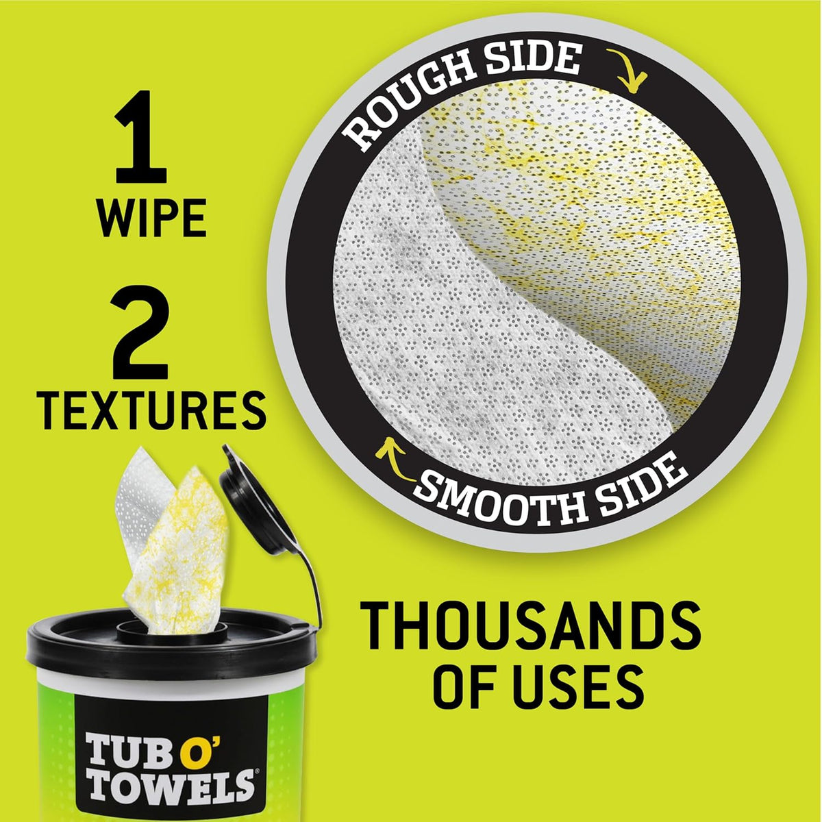 Tub O’ Towels TW75 Heavy-Duty 10" x 12" Size Multi-Surface Cleaning Wipes, Dual Texture, 75 Count Per Canister, 6 Pack