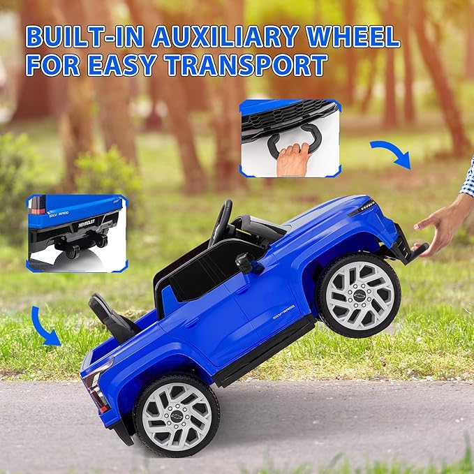 Qaba 12V Kids Ride on Truck, Chevrolet Silverado EV RST Licensed Electric Car with Parent Remote Control, Back Storage, Spring Suspension, Soft Start, Auxiliary Wheels, LED Lights, Music, MP3, Blue