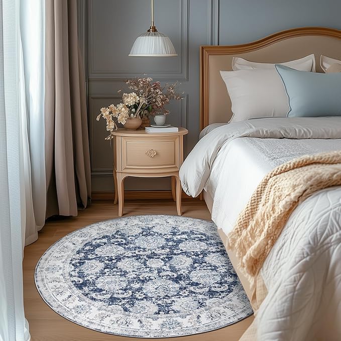 jinchan Round Rug 6ft Area Rugs Vintage Floral Distressed Design - Machine Washable Non-Slip Low-Pile Ultra-Thin Circle Rug for Entryway Bedside Living Room Dining Room Bedroom (6' Round,Dark Blue)