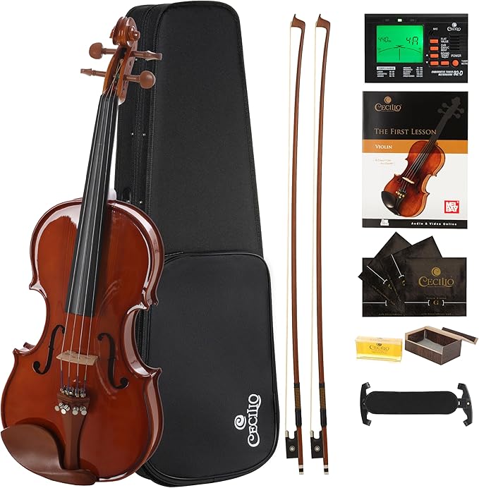 Cecilio 1/4 Size Natural Varnish Violin for Beginners, Hand-Carved Solid Spruce Top, Maple Back & Sides, Full Fiddle Kit with Hard Case, Bows, Rosin, Shoulder Rest, Lesson Book