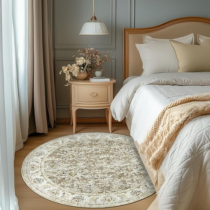 jinchan Round Rug 6ft Area Rugs Vintage Floral Distressed Design - Machine Washable Non-Slip Low-Pile Ultra-Thin Circle Rug for Entryway Bedside Living Room Dining Room Bedroom (6' Round,Taupe)