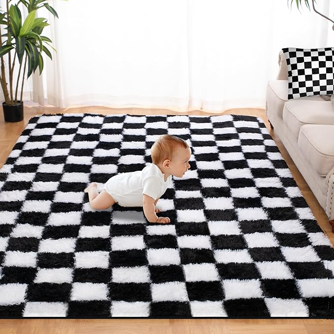 Super Soft Rug for Bedroom, 8x10 Ft Black and White Area Rug Classic Checkered Shaggy Anti-Skid High Pile Soft Fluffy Rug Fuzzy Carpet for Living Room Bedroom Kids Room Nursery, Dorm Home Decor