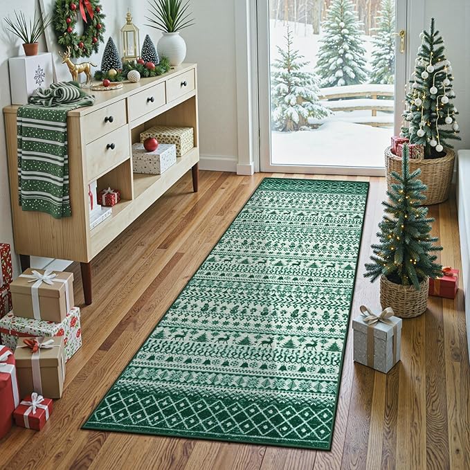 Christmas Kitchen Runner Rug, 2x6 Rug Runners for Hallways Non Slip, Low Pile Soft Washable Bathroom Runner Rug, Xmas Winter Holiday Home Decor Carpet Runners for Bedroom Laundry