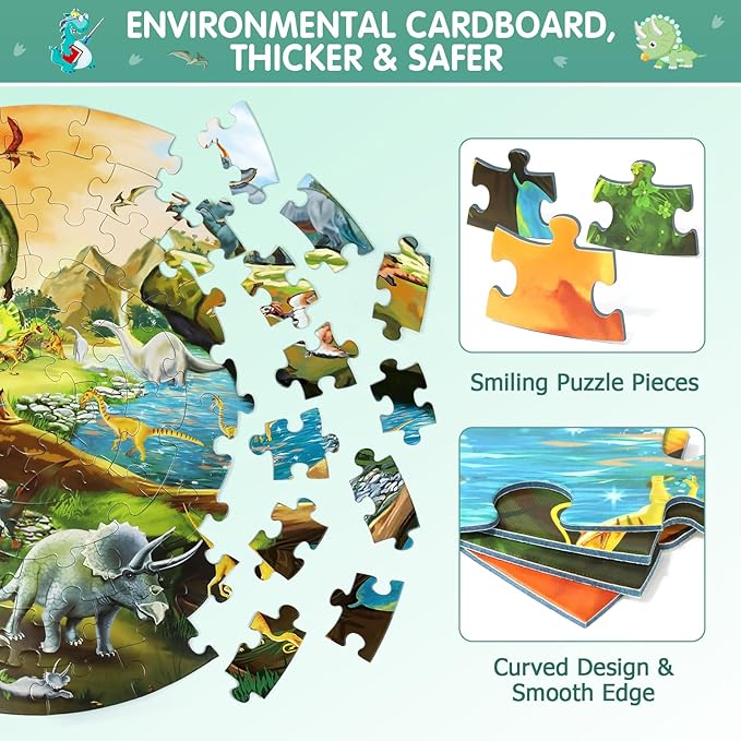 Floor Puzzles for Kids Ages 3-8, 70 Piece Dinosaur Jigsaw Puzzle for Kids Ages 3+ Year Old Large Round Toddler Puzzles Preschool Learning Educational Toys Gift for Boys Girls (Tyrannosaurus)