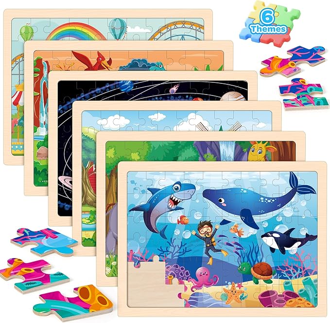 LACCHOUFEE 6 Pack Wooden Vehicle Puzzles for Kids Age 3 4 5 Year Old, 60 Pcs Montessori Toddler Animals Jigsaw Puzzles for Girl boy Activities Preschool Learning Birthday Gift Travel Autistic Toy