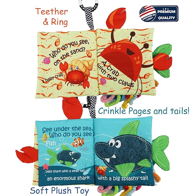 Fish Baby Book 0-6 Months,Touch Feel Cloth Crinkle Books for Babies,Infant Baby Toys 6-12 Months,Learning Education Soft Sensory Mirror Toy,Teether,Shower Gifts for Boys Girls-Gift Box