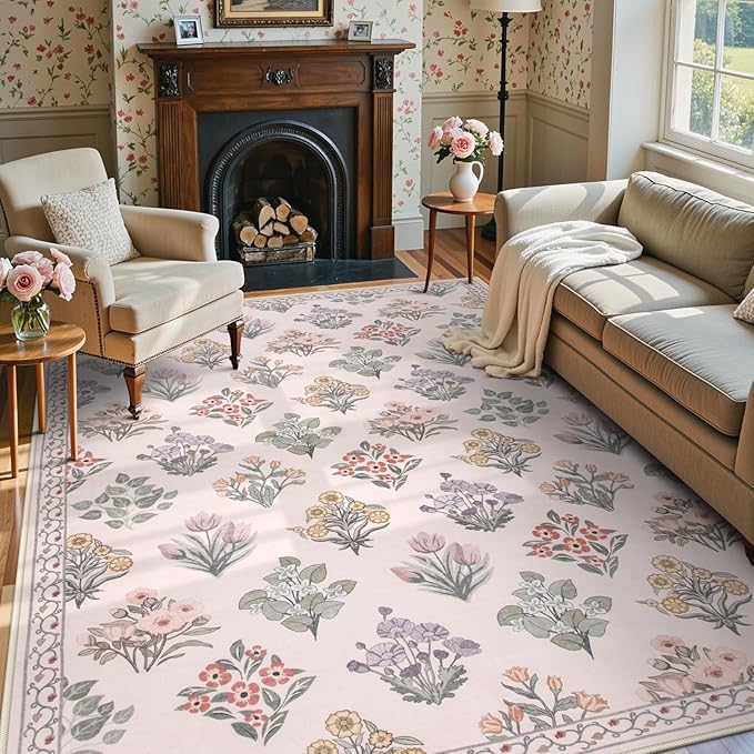 Wonnitar Pink Rugs for Bedroom Girls Nursery, Washable 5x7 Floral Rug, Boho Ultra-Thin Non Slip Soft Indoor Decor Carpet for Kids Room Playroom Living Room Dorm, Pale Pink