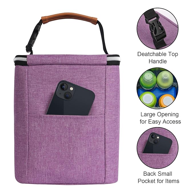Breast Milk Cooler Bag with Ice Pack Fits 4 Baby Bottles Up to 9 Ounce, Baby Bottle Bag Great for Nursing Mom Daycare, Purple
