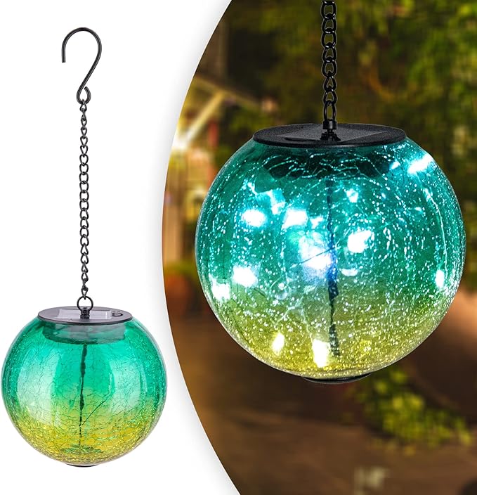 Hanging Solar Lights Outdoor Solar Lanterns Outdoor Decorative Cracked Glass Ball Lights Solar Powered Waterproof LED Globe Lantern for Outdoor Porch Patio Garden Decor Gift Green