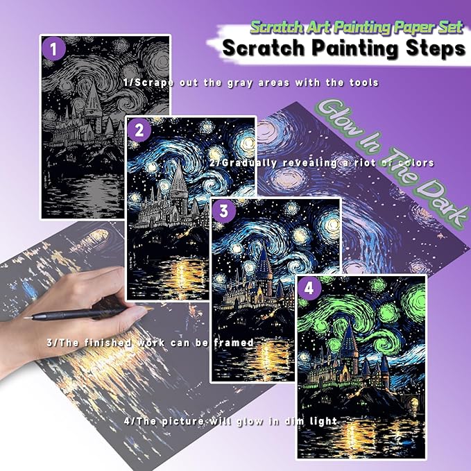 Scratch Paper Art for Adult-Glow in The Dark Scratch Painting Craft Kit (8 Sheets A5)|DIY Foil Engraving Art Set|Stress Relief Gift for Craft Lovers|Creative Scratch Art Home Decor(Marine & Castle)