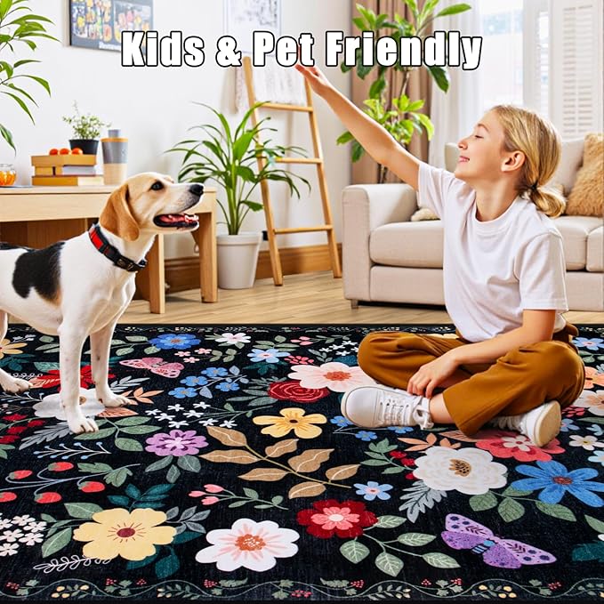 6x9 Area Rugs for Living Room: Floral Washable Rug Vintage Large Soft Boho Non-Slip Carpet Indoor Floor Stain Resistant Thin Carpets for Bedroom Dining Room Farmhouse Nursery Hallway Home Office Black
