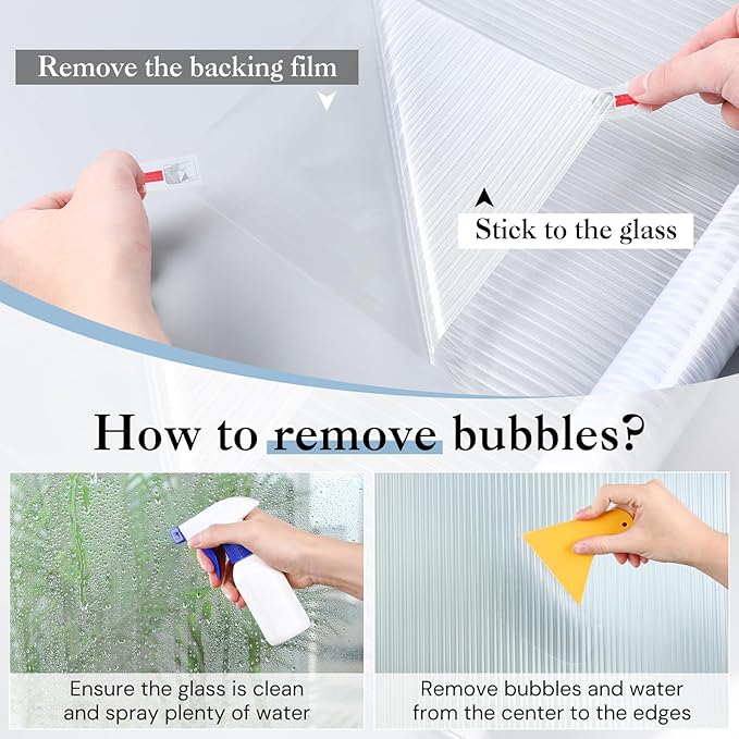 Haton Reeded Glass Window Privacy Film, Frosted Glass Window Film, Static Cling UV Blocking Stickers, Decorative Removable Cover for Bathroom Door Office, Non Adhesive 17.5" x 118.1"