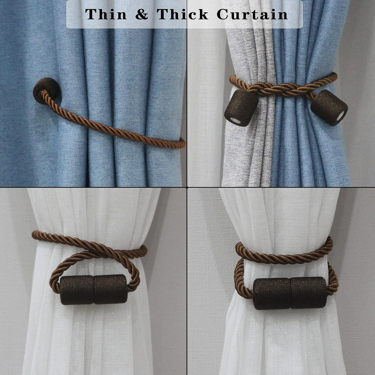2 Pack Strong Magnetic Curtain Tiebacks Outdoor Elegant Decorative Tie Backs Modern Rope Tiebacks for Drapes Window Curtain Holdbacks for Draperies- Coffee