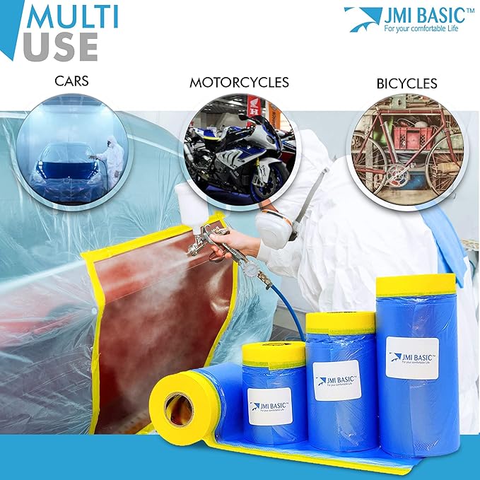 Plastic Sheeting for Car Paint – Assorted 3 Sizes Multi Pack – No Residue Painters Tape with Drop Cloth – Automotive Masking Tape with Tarp Waterproof 65 Feet (59 x 35 x 18 Inch - 3RL)