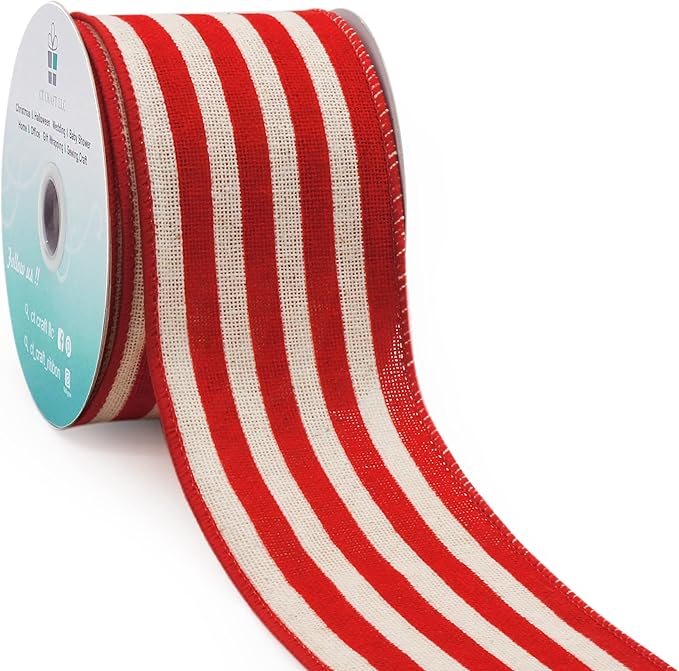 CT CRAFT LLC Striped Canvas Cotton Ribbon 2.5" x 10 Yards Ivory/Red Stripes for Thanksgiving Christmas Home Décor Gift Wrapping Outdoor Tree Topper Bow Wreath