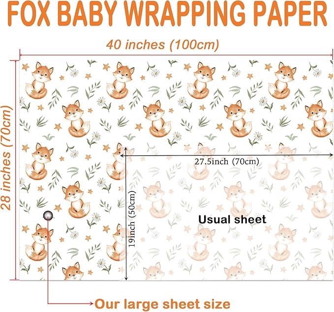 WRAPLULU Fox Wrapping Paper - 4 Jumbo Sheets, 28 * 40 Inches - Woodland Christmas Gift Wrap with Stars Floral and Leave, Perfect for Xmas, Birthdays, Baby Showers, Weddings