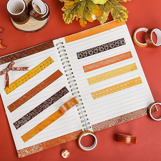 Whaline 12 Rolls Fall Washi Tapes Foil Gold Decorative Tape Autumn Gnome Pumpkin Fall Leaves Turkey Patterned Masking Tape for Fall Thanksgiving Scrapbook Journal DIY Craft Gift Wrapping, 0.6Inch