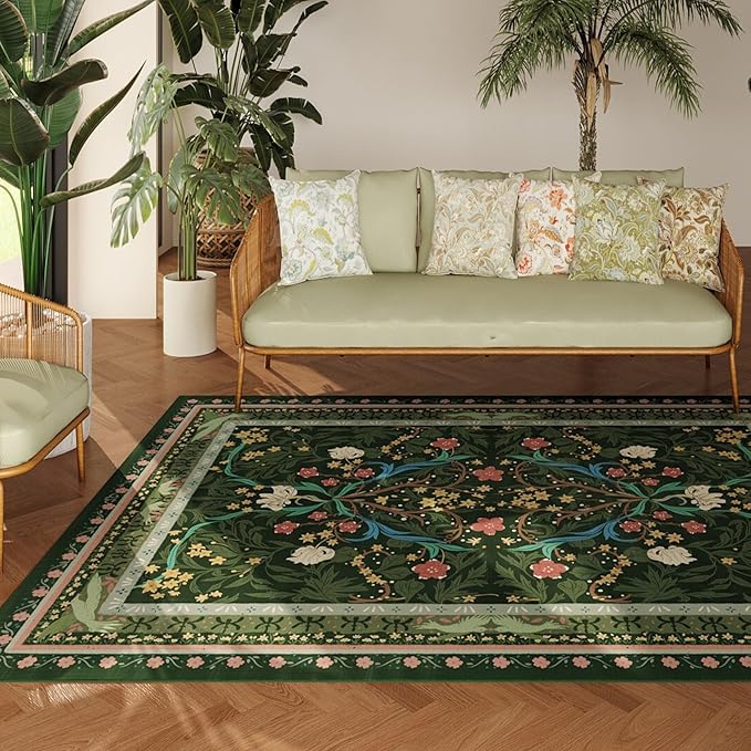 Area Rug 4x6 Rug Washable Vintage Floral Botanical Rugs Non Slip Low Pile Small Carpet for Bedroom, Bedside, Kids Room, Office, Dining Room, Green